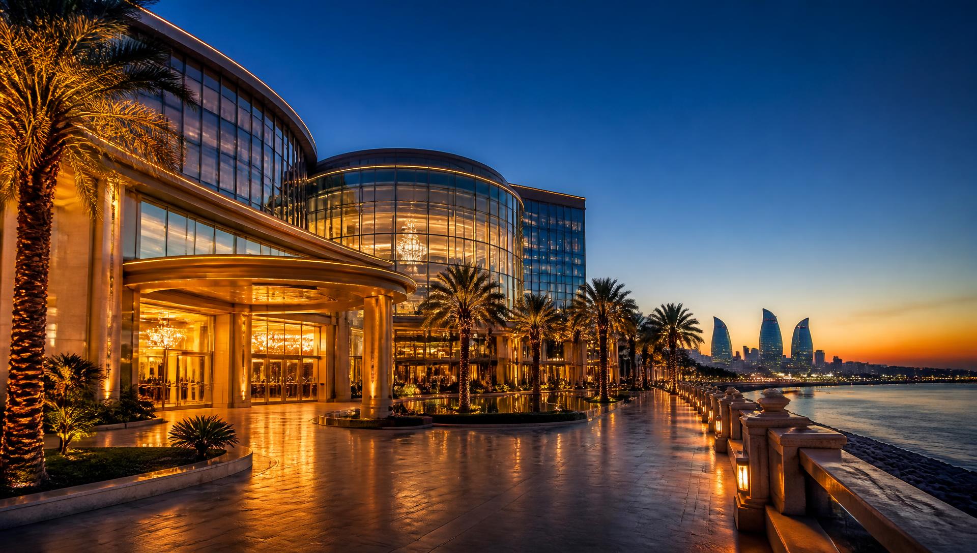 Sea Breeze Casino exterior on the Baku seafront at twilight